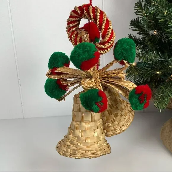 Vintage Straw Rattan Wicker Woven Hanging Basket Bells Christmas Decor Boho MCM - Picture 4 of 12